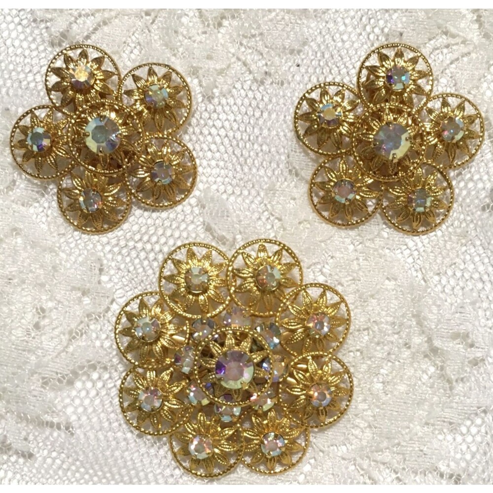 Vintage Earrings Brooch Lot Clip Ons Gold Tone Atomic Mid Century Modern AB